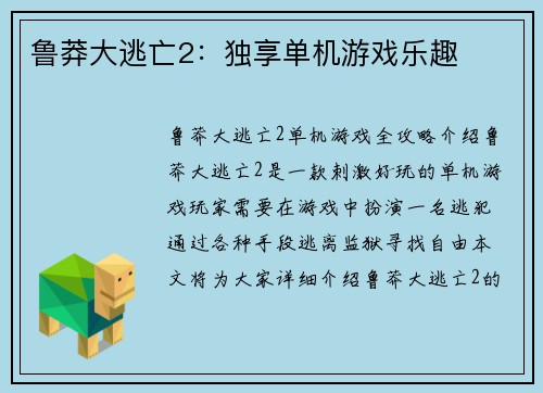 鲁莽大逃亡2:独享单机游戏乐趣